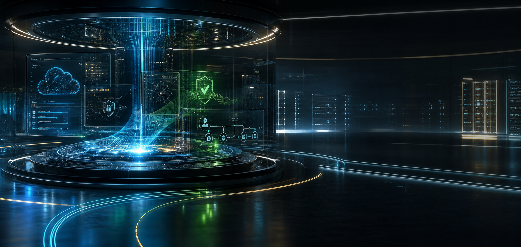 Abstract command center of connected software, cloud, security, and IT systems.